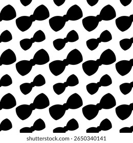 Bow. Diagonally placed bows of different sizes. Silhouette. Seamless vector pattern. Continuous ornament of cute bow ties. Isolated colorless background. Idea for web design.