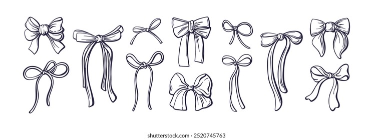 Bow doodle collection. Vector art ribbons, silk bows for gift box decoration, present knots and wrap pack isolated on white background. Bowknot for birthday or holiday christmas, festive present