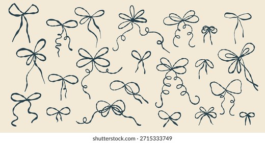 Conjunto de doodle de arco, fitas de arte de linha. Arco desenhado à mão, esboçar ícones da fita. Coleção de arcos de doodle, arcos de linha simples