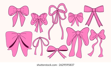 Bow doodle set. Various gift ribbons. Hand drawn isolated vector illustration.