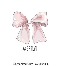 Bow drawn. Wed sign. Gentle cream pink bow ribbon isolated with tag Bridal