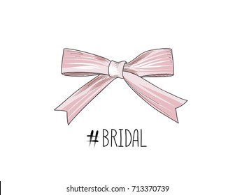 Bow drawn. Wed sign. Gentle cream pink bow ribbon isolated with tag Bridal