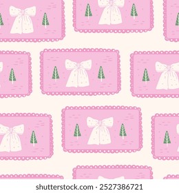 Bow and evergreen trees seamless pattern. Pink coquette endless background. Preppy festive repeat cover. Vector hand drawn flat illustration.