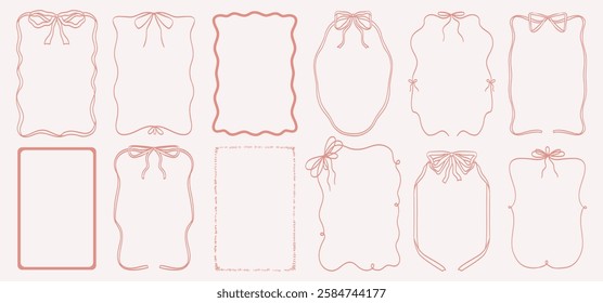Bow frame drawing. Vintage hand drawn ribbon coquette border. Ink line vector doodle elegant ribbon and bow frames for wedding, birthday invitations party. Wavy, quirky retro decorative shape set.
