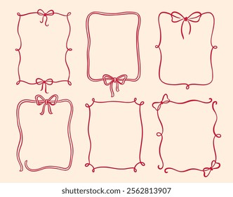 Bow frame ribbon border vintage hand drawn set. Hand drawn doodle sketch style line bow frame decorative red color ornament. Elegant doodle holiday, wedding ribbon border. Vector illustration