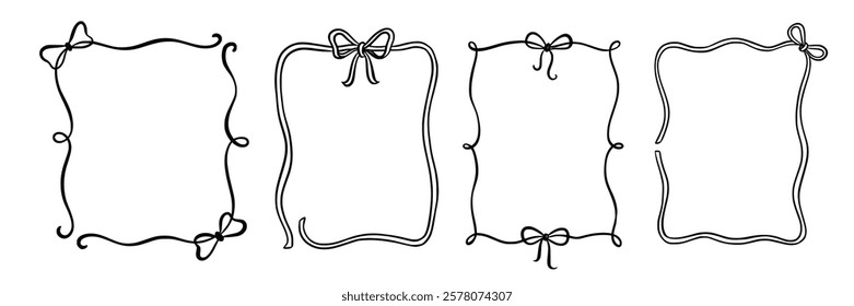 Bow frame ribbon border vintage hand drawn set. Hand drawn doodle sketch style line bow frame decorative black vintage ornament. Elegant doodle holiday, wedding ribbon border. Vector illustration