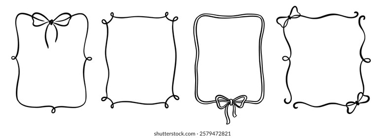 Bow frame ribbon border vintage hand drawn set. Hand drawn doodle sketch style line bow frame decorative black vintage ornament. Elegant doodle holiday, wedding ribbon border. Vector illustration