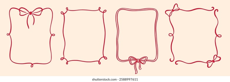 Bow frame ribbon border vintage hand drawn set. Hand drawn doodle sketch style line bow frame decorative red color ornament. Elegant doodle holiday, wedding ribbon border. Vector illustration