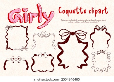 Bow frame, Ribbon bow line art vintage illustration, Coquette frame of ribbons and bow, Vector hand drawn decorative whimsical frames in coquette style, simple elegant hand drawn illustrations of bow 