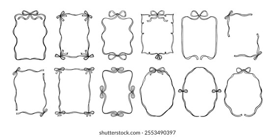 Bow frame. Vintage hand drawn ribbon border. Trendy doodles elegant ribbons and bows for wedding, birthday invitations party. Wavy, quirky decorative shape. Vector set.