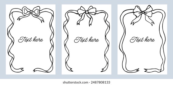 Bow frames template with space for text. Hand drawn black frames with cute bow. Horizontal square border frame card isolated on background