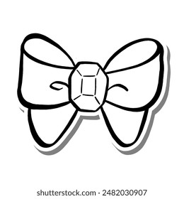 Bow with Gem Outline on white silhouette and gray shadow. Vector illustration cartoon style for decorate, coloring and any design.