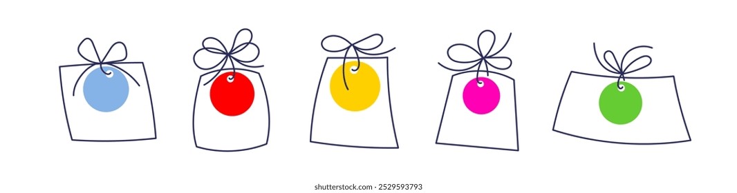 Bow with gift box. Vector line rope with knot and bow for birthday or holiday package decoration. Special offer, weekend sale price sign. Doodle element set. Editable stroke