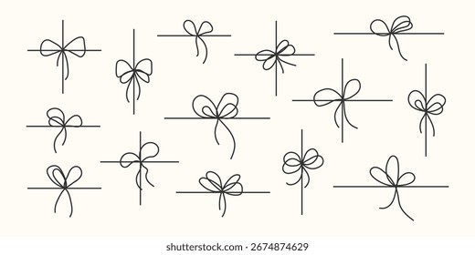 Bow Geschenkkollektion. Bogenlinie im Menüband-Symbol. Geburtstag Jahrestag Hochzeit Weihnachten Paket Dekoration. Minimalistisch gebundene Zeichenkette. Verpackungselement