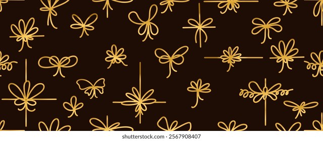 Bow gift gold ribbon line simple element seamless pattern. Hand drawn goldendoodle stroke ribbon bow. Template elegant, luxury minimal line stroke style. Design for holidays. Vector seamless pattern