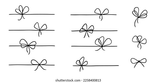 Bow gift ribbon line simple element set. Hand drawn doodle stroke ribbon bow. Elegant minimal line stroke style. Vector illustration