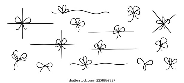 Bow gift ribbon line simple element set. Hand drawn doodle stroke ribbon bow. Elegant minimal line stroke style. Vector illustration