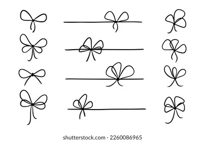 Bow gift ribbon line simple element set. Hand drawn doodle stroke ribbon bow. Elegant minimal line stroke style. Vector illustration