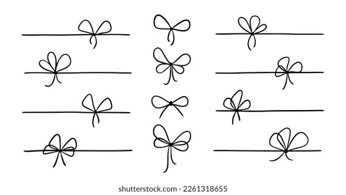 Bow gift ribbon line simple element set. Hand drawn doodle stroke ribbon bow. Elegant minimal line stroke style. Vector illustration