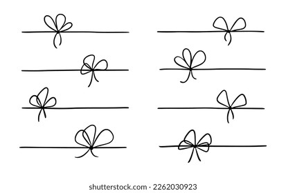 Bow gift ribbon line simple element set. Hand drawn doodle stroke ribbon bow. Elegant minimal line stroke style. Vector illustration