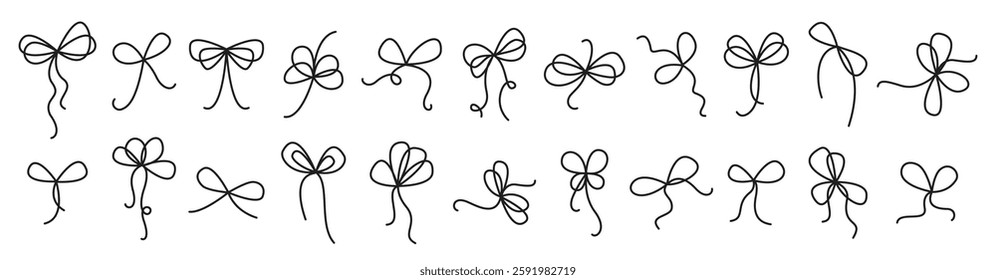 Bow gift ribbons minimal linear set. Hand drawn doodle ribbon bows.  Elegant holiday packaging, festive present. Outline border sketch. Elegant minimal line stroke style. Isolated vector illustration