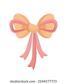 Bow for giftbox. Pink and orange ribbon. Decoration for gifts. Holiday and festival. Sticker for social media. Romance and love. Flat vector illustration isolated on white background