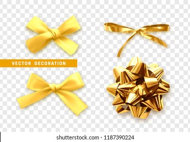 Bow gold and yellow with shadow. Bows realistic color golden design isolated on transparent background. vector illustration