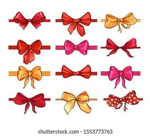Bow for hair decor flat vector illustrations set. Red, pink, yellow ribbons isolated on white background. Polka dot bowknot, trendy girls accessories. Cute vintage hairstyle elements collection