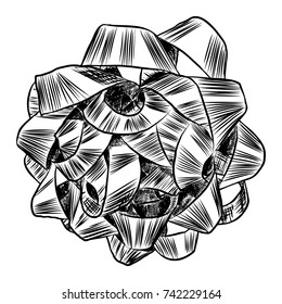 Bow. Hand drawn illustration of ribbons isolated on white background. Lush bows decoration for traditional holidays and gift boxes. Elements for design greeting cards. Doodle ink sketch line. Vector.