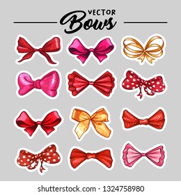 Bow hand drawn vector stickers illustrations set. Realistic red patch, golden, pink and purple ribbon knots drawing. Bowknot cliparts. Hair accessories. Isolated color bow-tie. Greeting card design