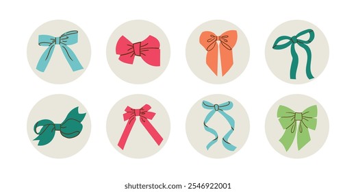 Bow hand drawn vector stickers illustrations set. Flat red patch,orange, green and blue ribbon knots drawing. Bowknot clip arts. Hair accessories or for gift . Greeting card design