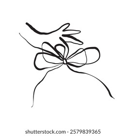 Bow in hand line art drawing in sketchy style. Hand holding decorative ribbon bow. Black linear design hand drawn vector illustration