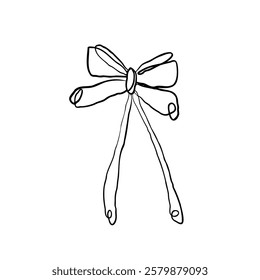 Bow in hand line art drawing in sketchy style. Hand holding decorative ribbon bow. Black linear design hand drawn vector illustration