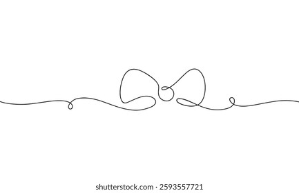The bow is hand-drawn in one continuous line on a white background, vector black and white illustration. Graphic element for banner, holiday, gift, decoration, design, postcard