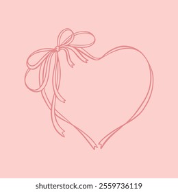 Bow heart ribbon frame drawing. Wedding, save the date vintage design element. Cute line coquette romantic vector illustration. French patisserie style. Filigree victorian background