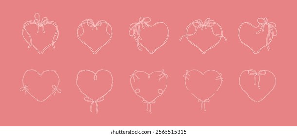 Bow heart ribbon frame drawing. Wedding, save the date vintage design element. Cute line coquette romantic vector illustration. French patisserie style. Filigree victorian background