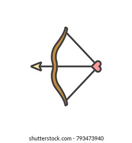Bow and heart shaped arrow flat line colored icon.