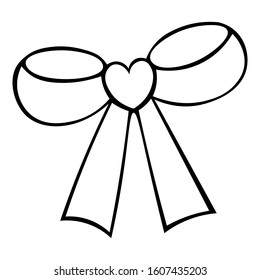 Bow with a heart. Stylish decoration. Sketch. The ribbon for decorating the gift is beautifully tied. Vector illustration. Doodle style. Coloring book for children. Outline on isolated background. 