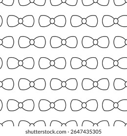 Bow. Horizontally arranged bows. Sketch. Continuous vector pattern. Seamless ornament of cute bow ties. Isolated colorless background. Doodle style. Idea for web design.