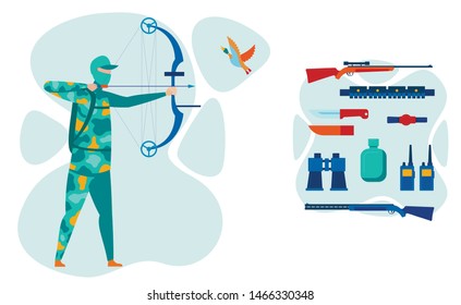 Bow Hunting Equipment Vector Illustrations Set. Archer Shooting Duck Flat Character. Archery Extreme Sport, Hobby. Wild Animals Hunting Tools. Shotgun, Water Flask, Binoculars Instruments