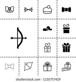 Bow icon. collection of 13 bow filled and outline icons such as present, woman hat, gift on hand. editable bow icons for web and mobile.