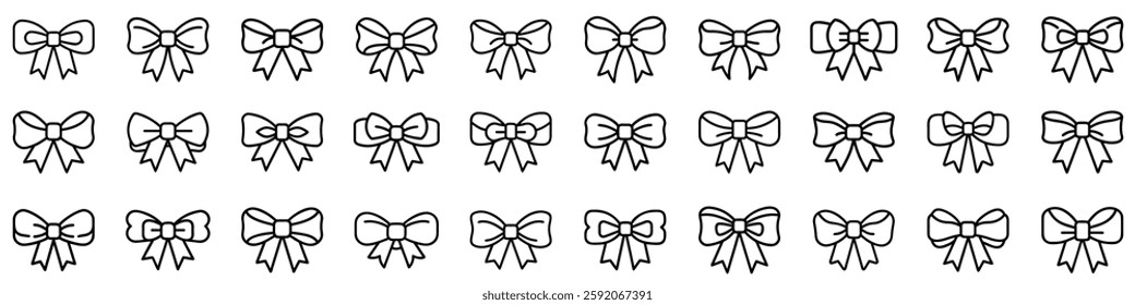 Bow icon. Collection of black and white bow icons isolated on white. Outline icons of bow. Vector illustration