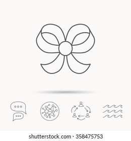Bow icon. Gift bow-knot sign. Global connect network, ocean wave and chat dialog icons. Teamwork symbol.