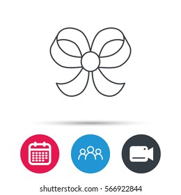 Bow icon. Gift bow-knot sign. Group of people, video cam and calendar icons. Vector