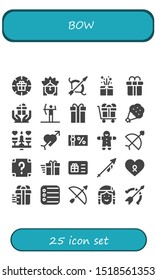 bow icon set. 25 filled bow icons.  Collection Of - Gift, Indian, Archery, Gift box, Bouquet, Dating, Cupid, Gift voucher, Gingerbread, Bow, Surprise, card, Lance, Cancer icons