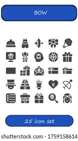 bow icon set. 25 filled bow icons.  Simple modern icons such as: Bonnet, Suspenders, Bow, Bouquet, Gift, Memorize, Gift card, Presents, Gentleman, Cancer, Reminder, Native american