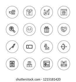 Bow icon set. collection of 16 outline bow icons with archery, gift box, gift, gifts, hunter, lance, surprised, suspenders, voucher icons.