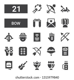 bow icon set. Collection of 21 filled bow icons included Quiver, Bouquet, Flower bouquet, Violin, Invitation, Archery, Cracker, Ballet, Bow, Cancer, Greeting card, Hunter, Crossbow