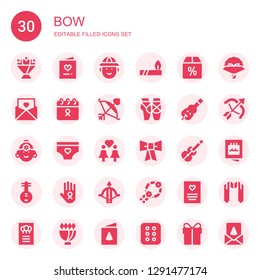 bow icon set. Collection of 30 filled bow icons included Flower bouquet, Invitation, Hunter, Indian, Offer, Cancer, Cupid, Ballet, Violin, Panties, Same sex marriage, Bow tie