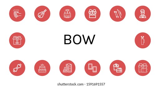 bow icon set. Collection of Wedding, Double bass, Gift, Archer, Native american, Bow tie, Cracker, Wedding gift, Bow icons